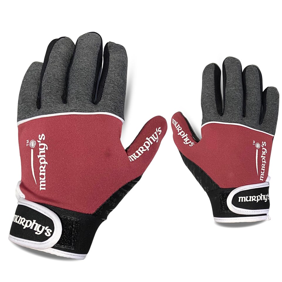 image 1 of Murphys V2 Gaelic Football Adult's Gloves, Premium Latex Field Players Mittens, Durable Hook And Loop Closure, Grey And Red Maroon, 9, Medium