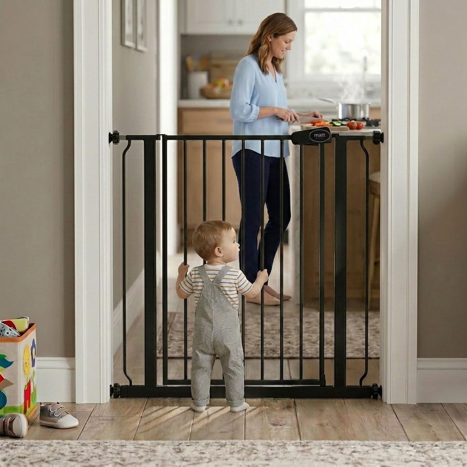 image 1 of Bettacare Child and Pet Gate Narrow, 68.5cm - 75cm, Matt Black, Extra Tall Gate 104cm in Height, Narrow Pressure Fit Stair Gate