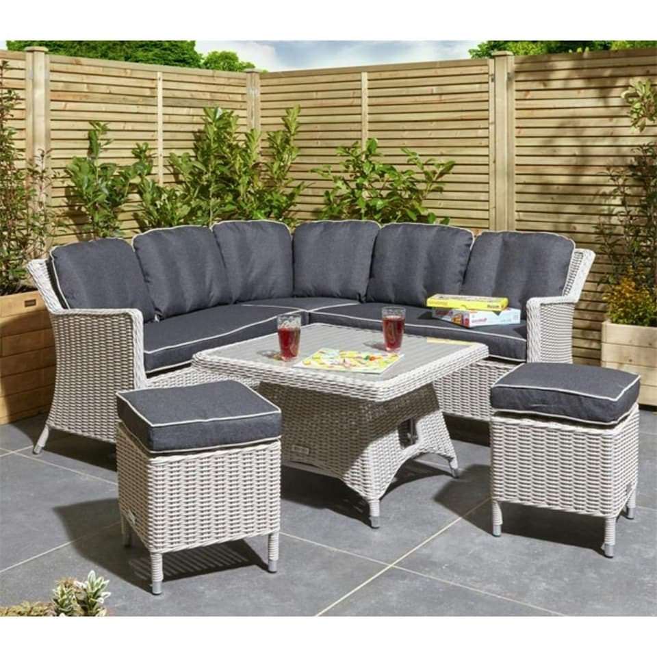 image 1 of 6 Seater Putty Grey Compact Rattan Weave Corner Garden Dining Set - With Stools