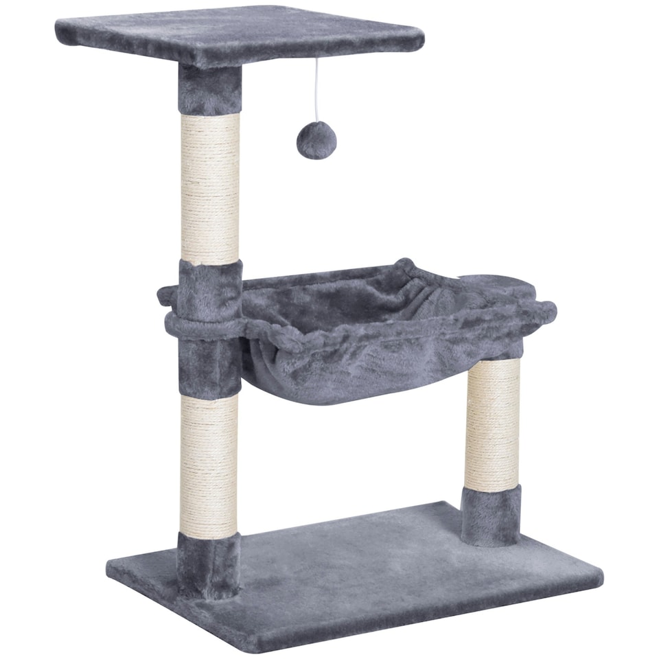 image 1 of PawHut Cat Tree Scratch Post with Bed Hammock Sisal for Indoor Cats Grey