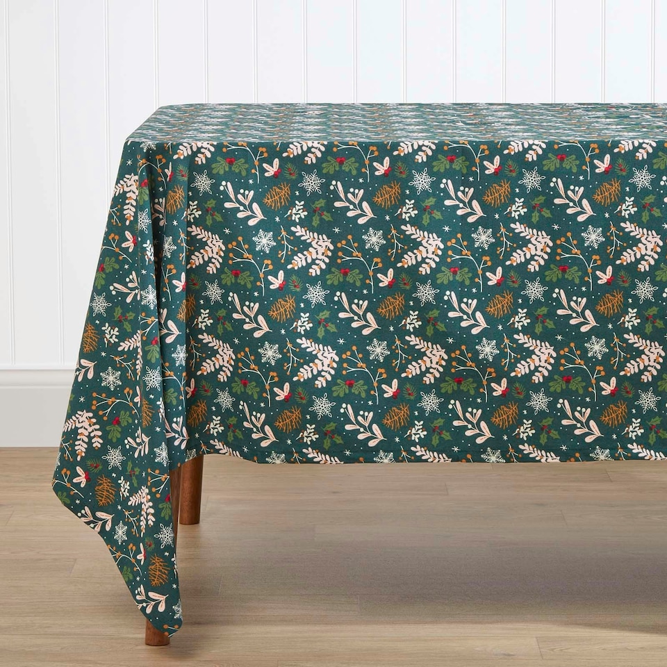 image 1 of Homescapes Festive Forest 100% Cotton Green Christmas Tablecloth - 137 x 137 cm | Green | 137cm x 137cm (54" x 54")