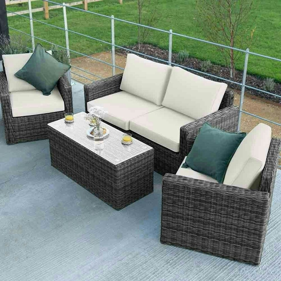 image 1 of Luxury Rattan 4 Seater Sofa Set with Coffee Table in Stone