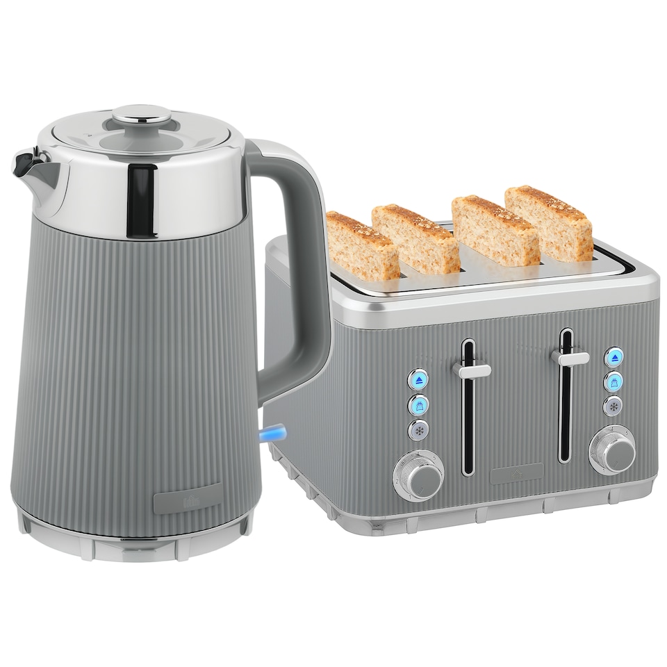 image 1 of HOMCOM Electric Stainless Steel Kettle and Toaster Set, 3000W 1.7L UK Strix Thermostat Fast Boil Kettle w/ Limescale Filter, Cool Touch Body, 4 Slice Toaster with 7 Browning Levels, Crumb Tray, Taupe