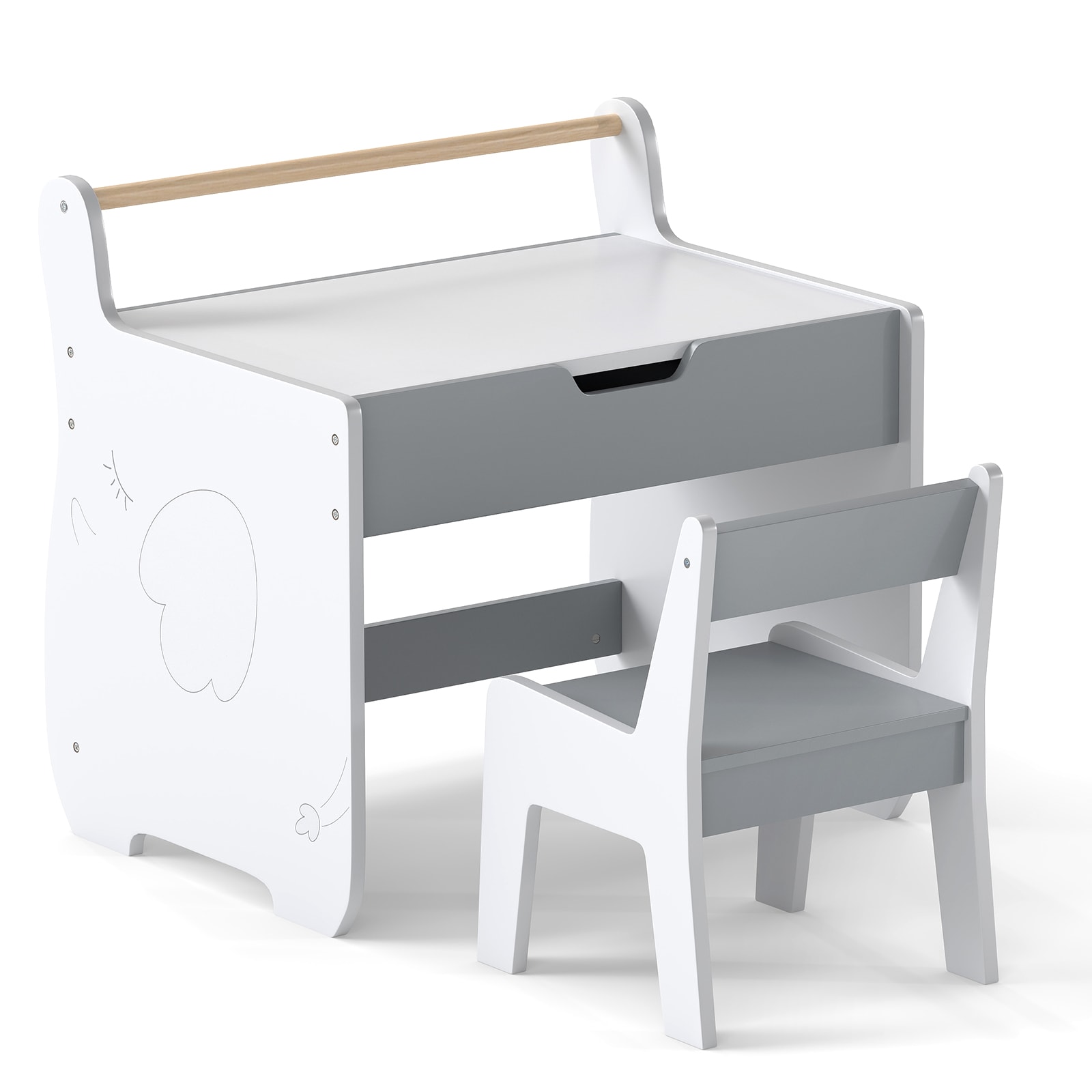 COSTWAY 3 In 1 Kids Wood Table and Chair Set Grey