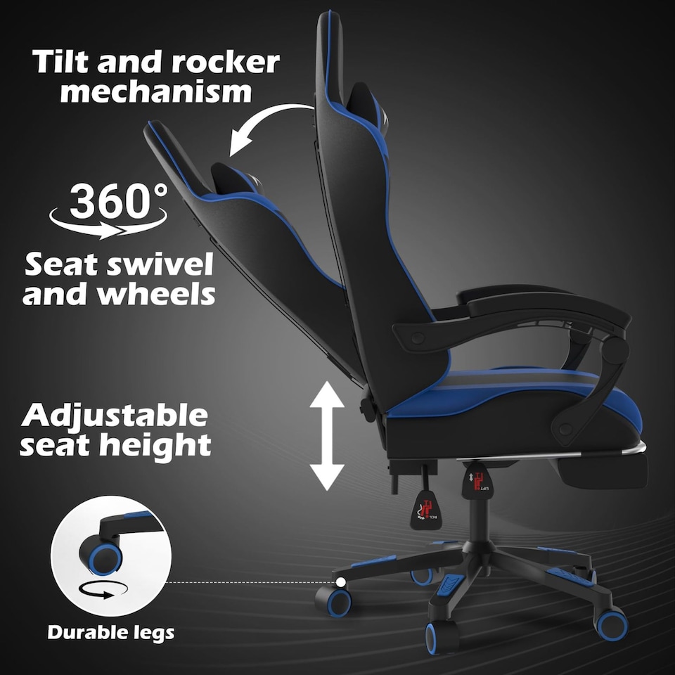 image 1 of Alivio Ergonomic Gaming Chair with Massage Lumbar Cushion & Retractable Footrest, PU Leather Video Game Chair (Blue)