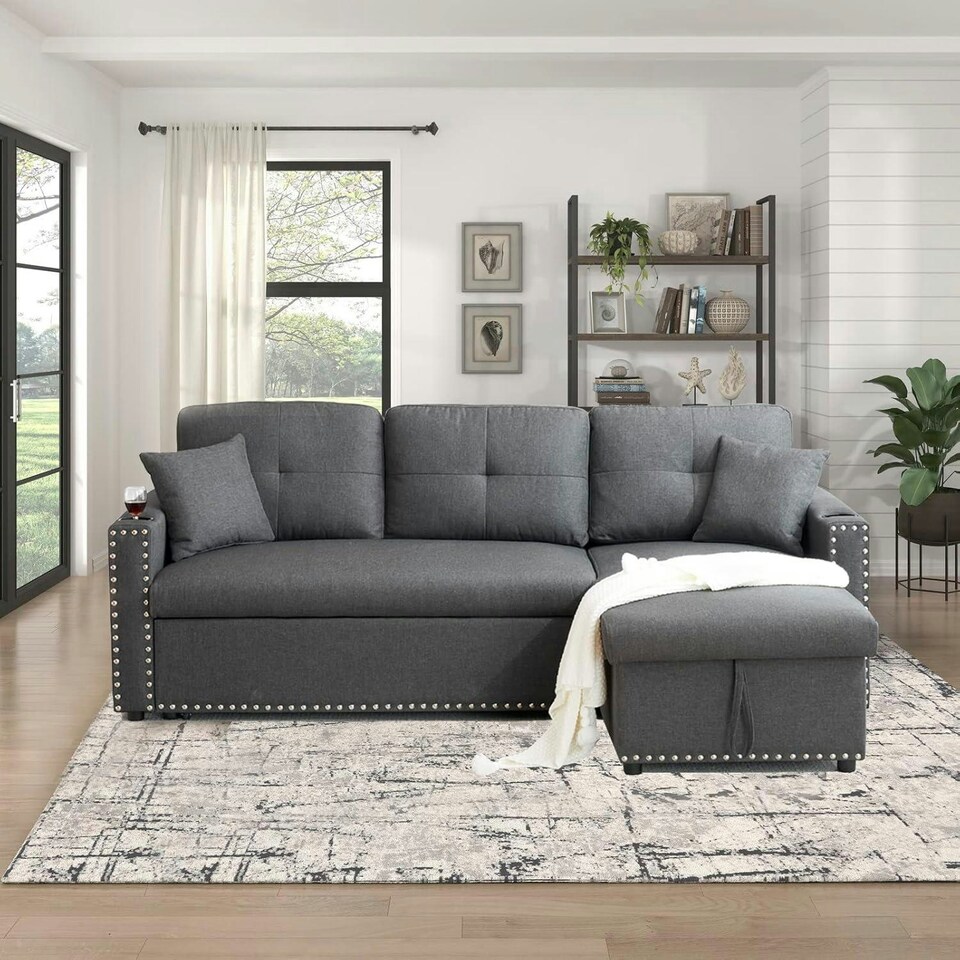 image 1 of Sofabed 3 Seater Reversible Sectional Sofa Sleeper Set with Storage Chaise, Built-in Cupholder, Decorative Rivets, Pull-out Bed, and Light Grey Fabric Grey