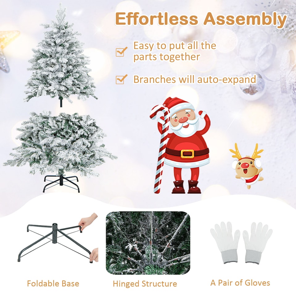 image 1 of COSTWAY 4.5FT Pre-lit Artificial Christmas Tree Hinged Flocked Xmas Tree with LED Lights