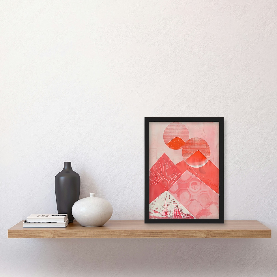 image 1 of Coral Pink Mountain Range Abstract Geometric Black Framed Wall Art Print A4