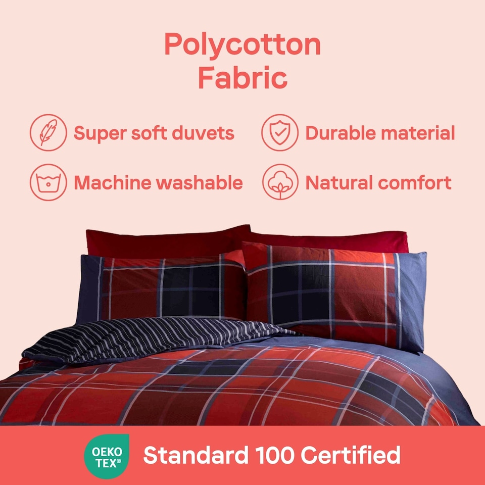 image 1 of Argyle Design Tartan Polycotton Duvet Set With Pillowcase | Red | 1