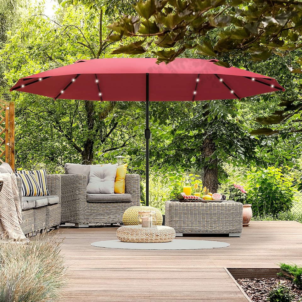 image 1 of Outsunny 4.4m Double-Sided Sun Umbrella Patio Parasol Solar Lights Khaki