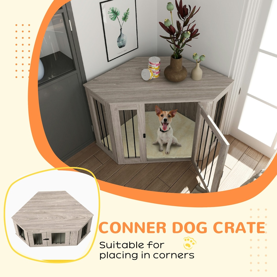 image 1 of PawHut Dog Crate Furniture for Large Dogs w/ Cushion, Door - Walnut Brown