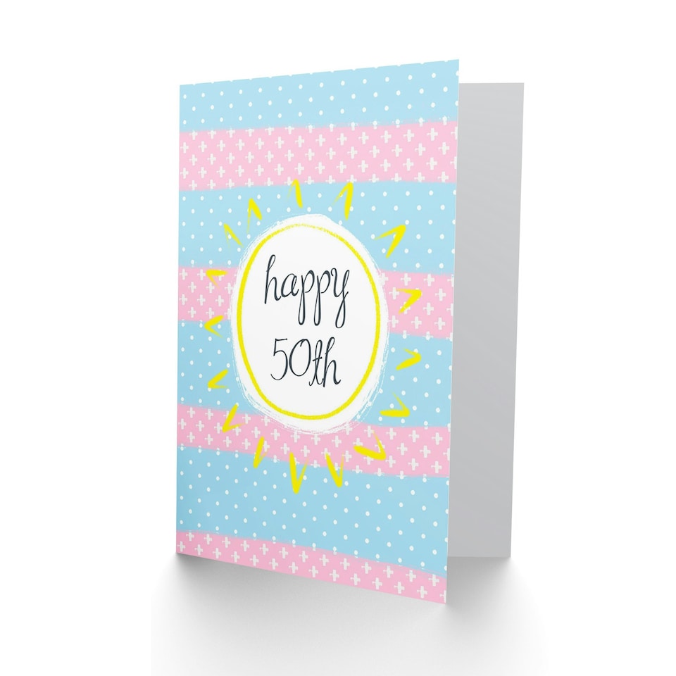 image 1 of Age 50 Pink Blue 50th Sun Stripes Birthday For Her Greeting Card