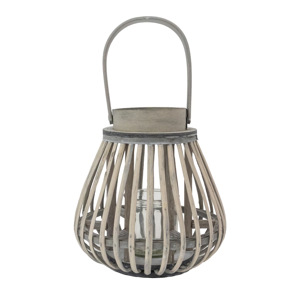 image 1 of JVL Luna Natural Bulb Shaped Willow Wood Lantern With Wooden Handle, Grey Wash