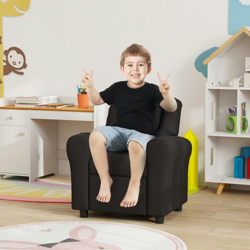 image 1 of HOMCOM Kids Recliner Chair w/ Cup Holder, PU Leather Children Lounger, Black White