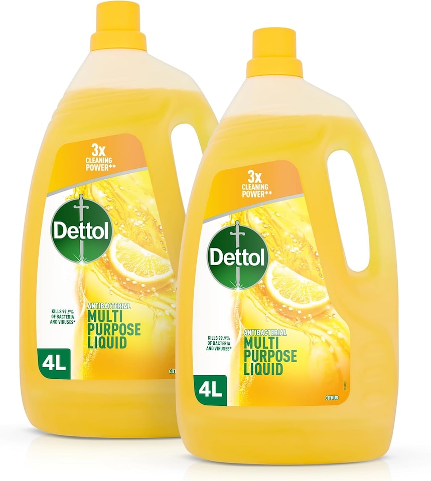 Dettol Citrus Surface Cleaner 2x4L - Multi-Purpose Antibacterial Disinfectant for Floors, Kitchen, Grease, Sinks, Household Cleaning Liquid