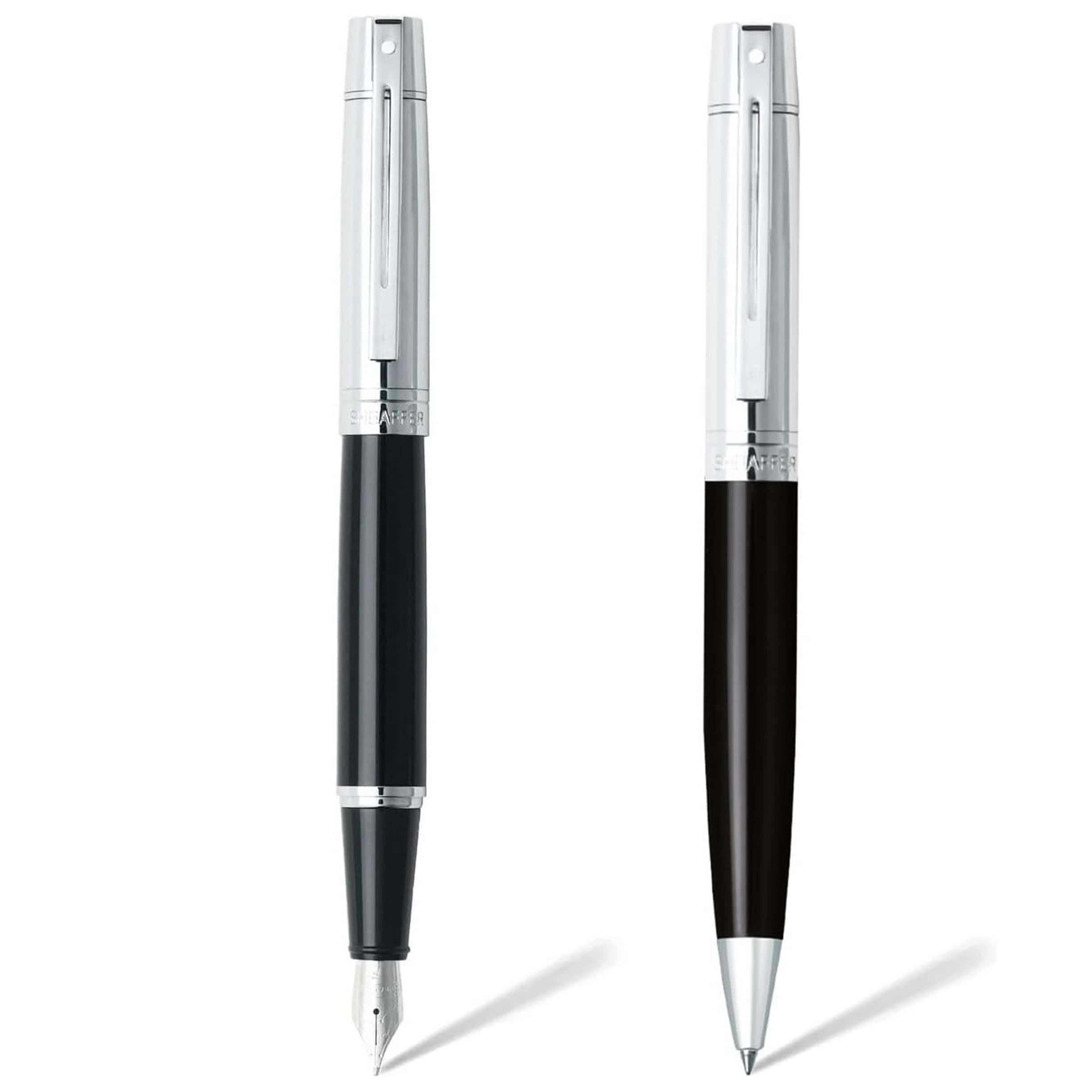 Sheaffer 300 Ballpoint and Fountain Pen Glossy Black with Chrome Cap Medium Nib Gift Set