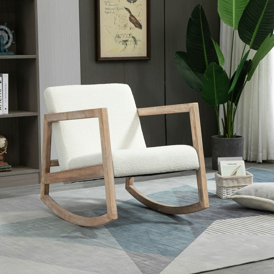 image 1 of HOMCOM Rocking Chair Upholstered Armchair Wooden Accent Chair Cream 