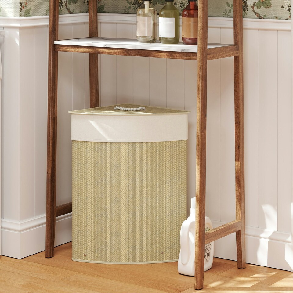 image 1 of HOMCOM 55L Laundry Hamper with Removable Washable Liner Bag, Nature Wood Finish Brown | Cream