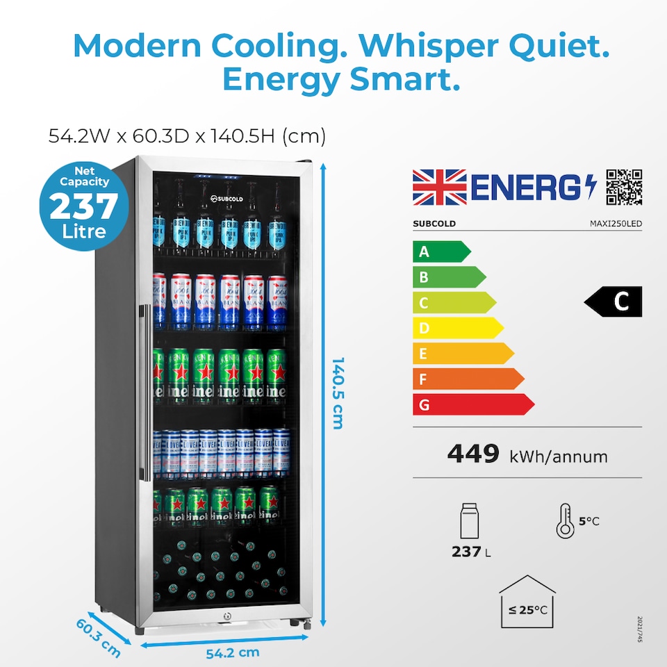 image 1 of Subcold Maxi250 LED Tall Glass Door Drinks Fridge 237 Litre Net Capacity