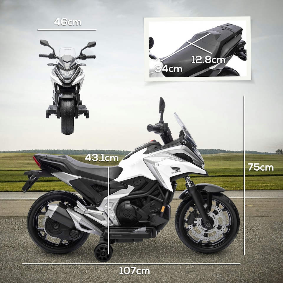 image 1 of AIYAPLAY Honda Licensed 12V Kids Electric Bike w/ Music, Headlights - White