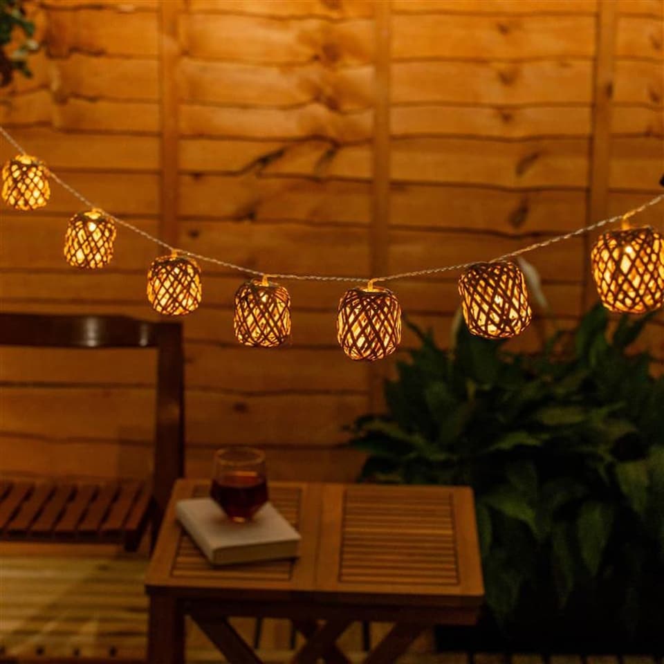 image 1 of ValueLights 10 Battery Operated Outdoor Rattan Wicker Ball Garden String Lights | Clear