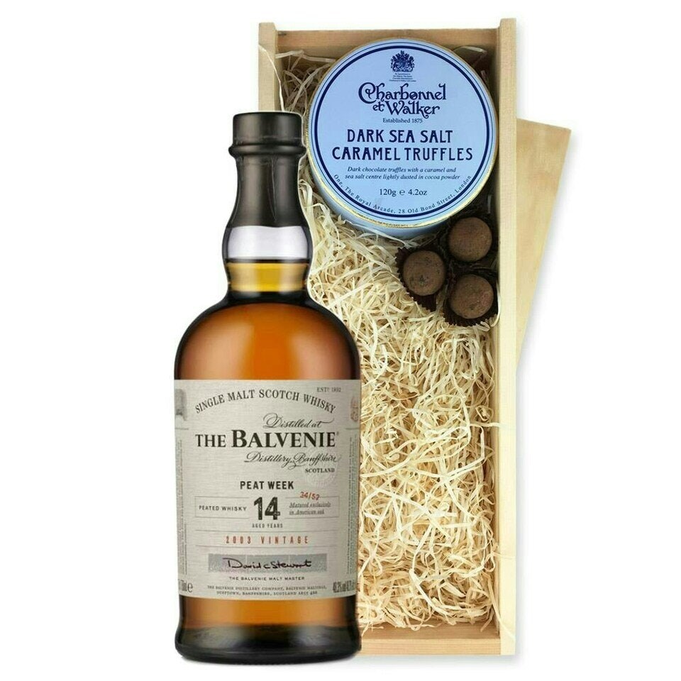 Balvenie Stories The Week of Peat 14 year old Whisky And Dark Sea Salt Charbonnel Chocolates Box 70cl 483 abv