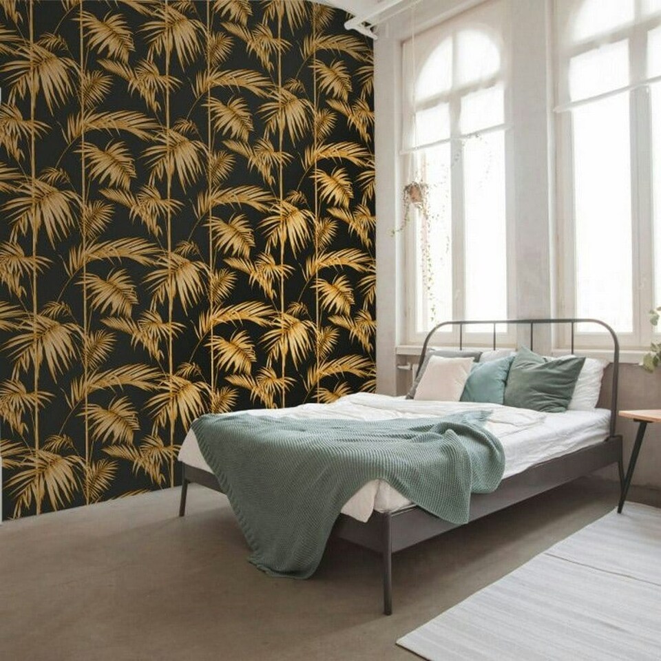 image 1 of AS Creation Lola Paris Palm Leaf Textured Wallpaper - Black/Gold - 10m x 53cm | Black