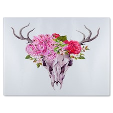 Deer Animal Skull With Flowers And Feathers Glass Chopping Board | Multi
