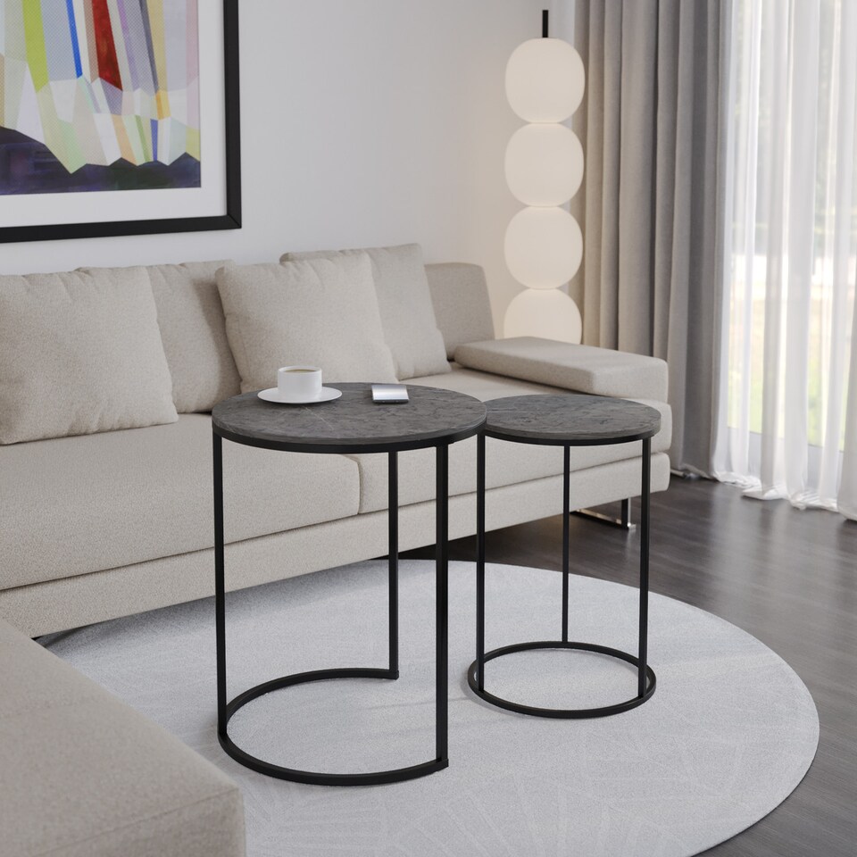 image 1 of 2Pc Round Nesting Stackable Sofa Side Bedside End Table Set Wood Top Metal Legs | Multi | Black Marble Top with Black Legs