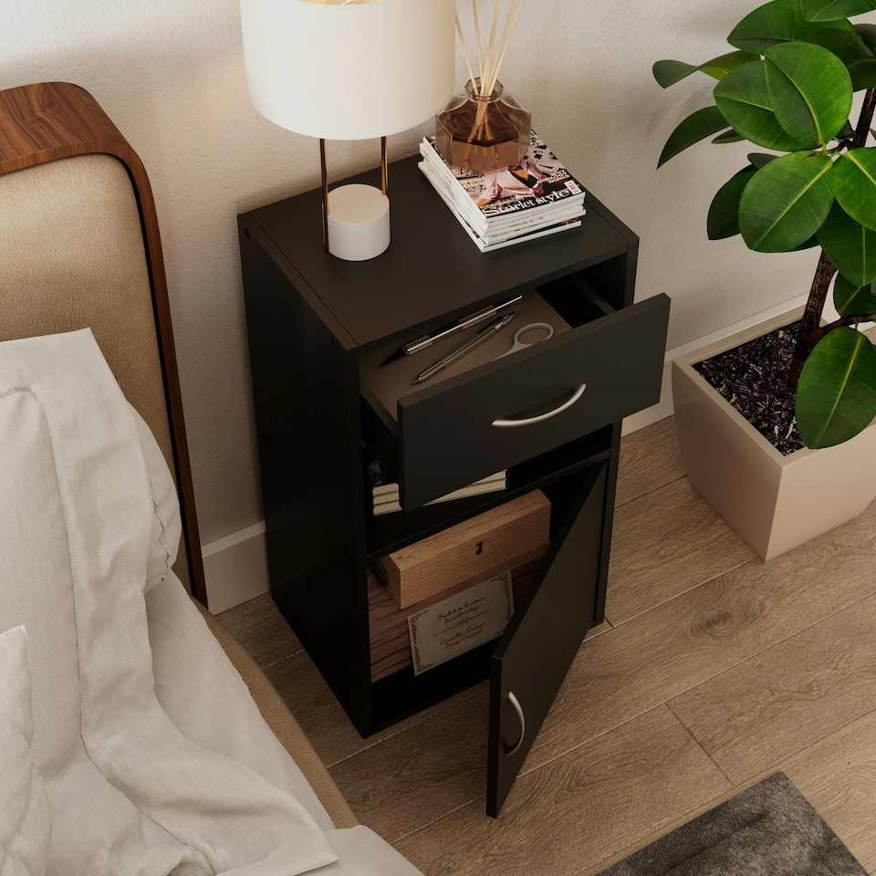 image 1 of 1-Drawer 1-Door Wooden Bedside Table White | Unit Colour: White