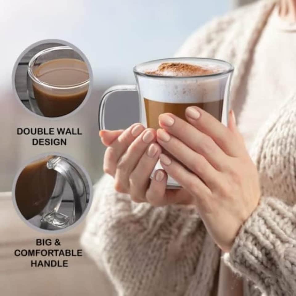 image 1 of Set of 2 Double Walled Glass Mug 450ml Clear