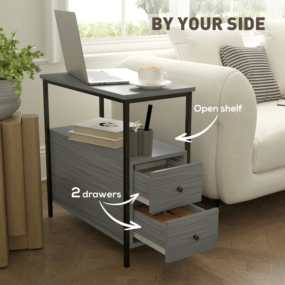 image 1 of HOMCOM Narrow End Table, Sofa Side Table with 2 Drawers Storage Shelf, Grey Grey