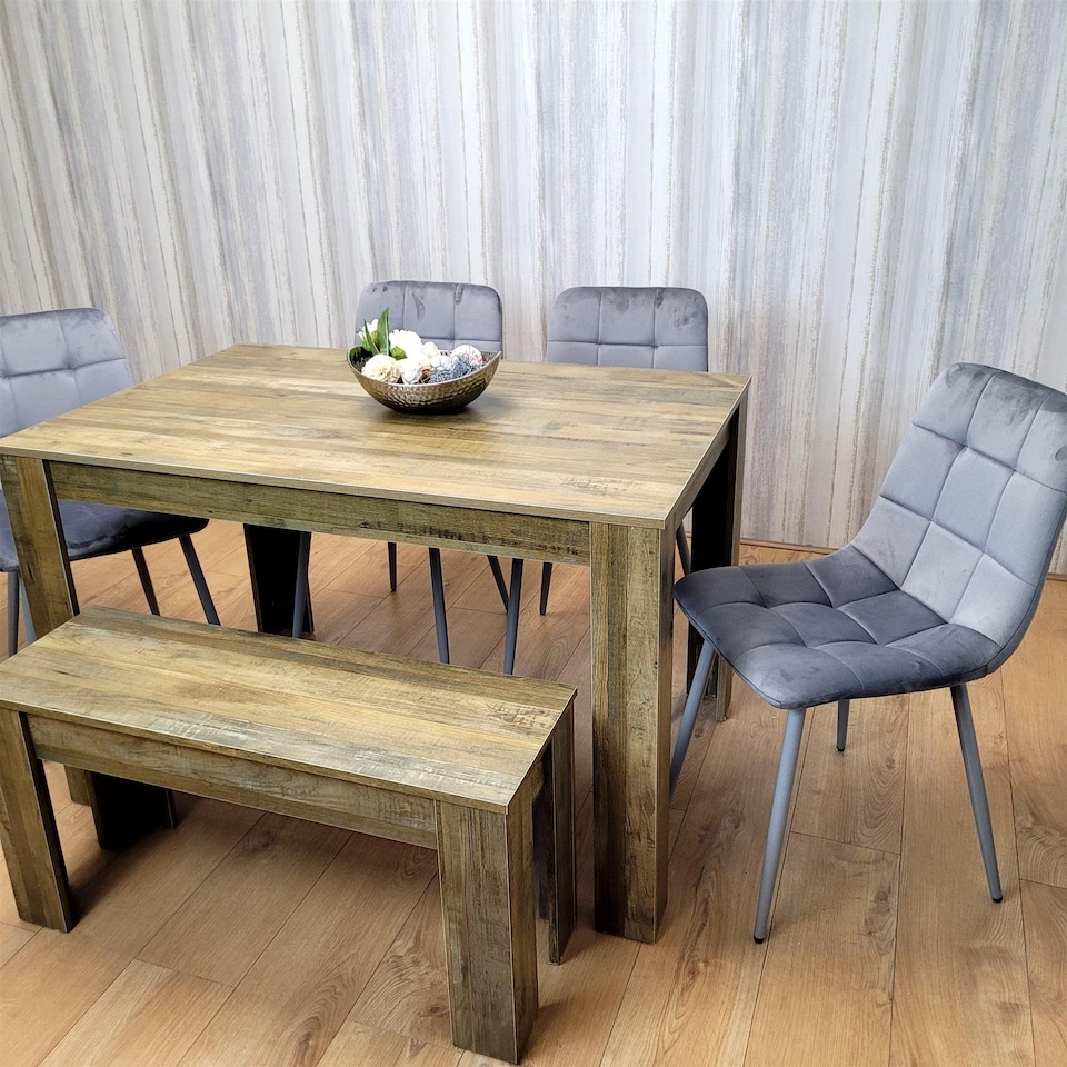 image 1 of Wooden Dining Table Set for 6 Rustic Effect Table With 4 Grey Velvet Chairs and 1 Bench