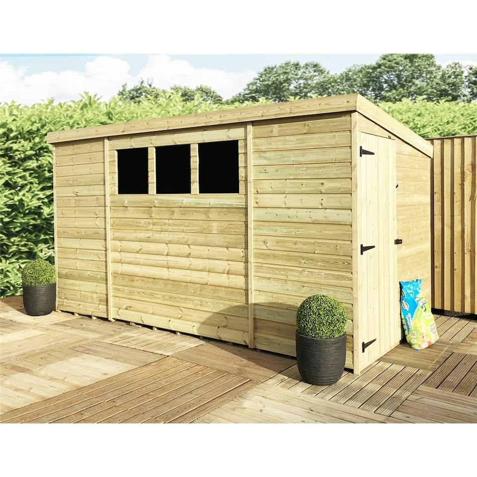 14 x 5 Garden Shed Pressure Treated T&G PENT Wooden Garden Shed - 3 Windows + Side Door (14' x 5' / 14ft x 5ft) (14x5)