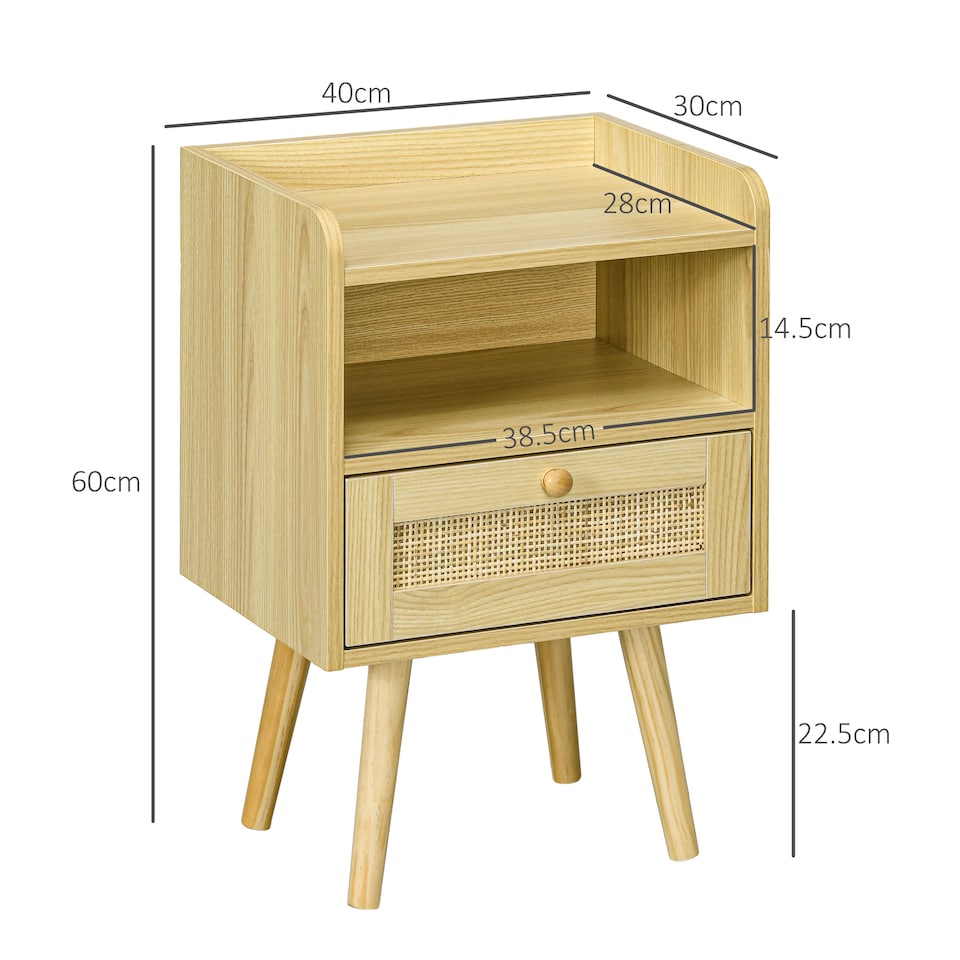 image 1 of HOMCOM Bedside Tables Set of 2, Boho Styled Nightstand with Drawer, Storage Compartment and Rattan Accent, Side End Table for Bedroom, 40 x 30 x 60cm, Natural Wood Finish