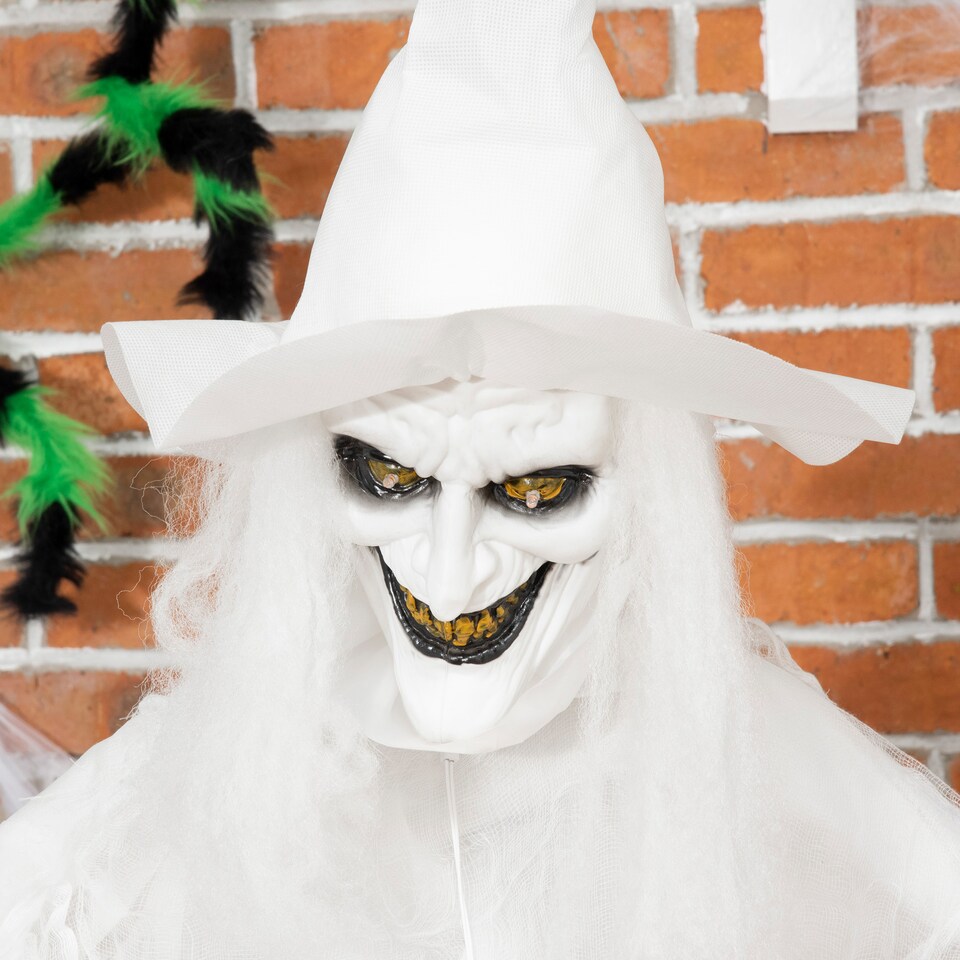 image 1 of Outsunny 74 Inch Halloween Decorations White Witch Holding Pumpkin Head, Standing Skeleton Ghost Prop Life Size with Light Up Eyes and Body