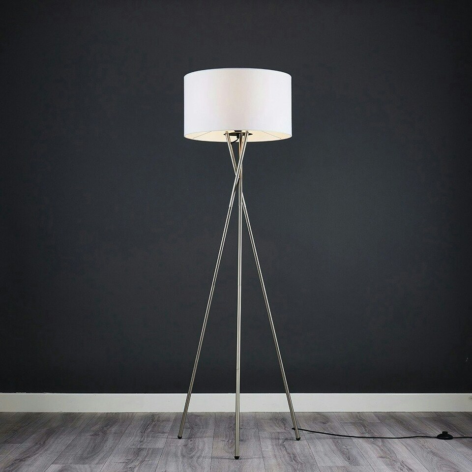 image 1 of ValueLights Camden Brushed Chrome Tripod Floor Lamp White Shade White