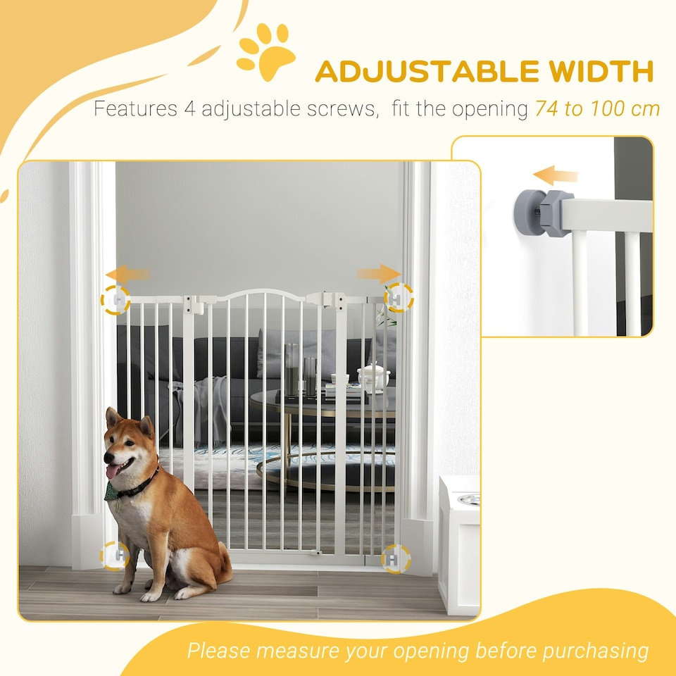 image 1 of PawHut 74-100cm Adjustable Metal Pet Gate Safety Barrier w/Auto-Close Door White