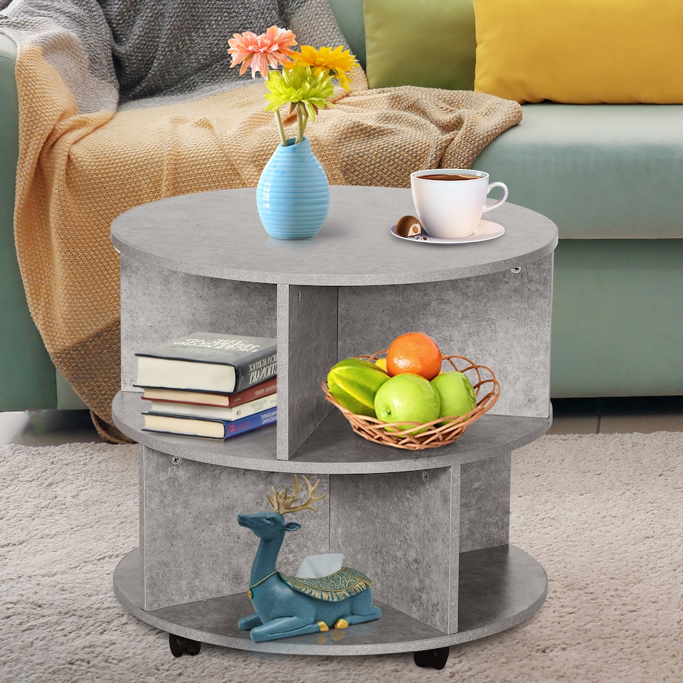 image 1 of HOMCOM Round Coffee Table, Movable Centre Table with Divided Shelves and Rolling Wheels, 3 Tier Living Room Table, Cement Colour | Grey