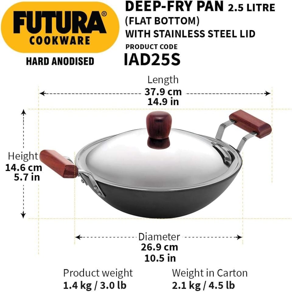 image 1 of Futura Induction Compatible Hard Anodised Flat Bottom Deep Fry Pan with Steel Lid, 2.5 Litre