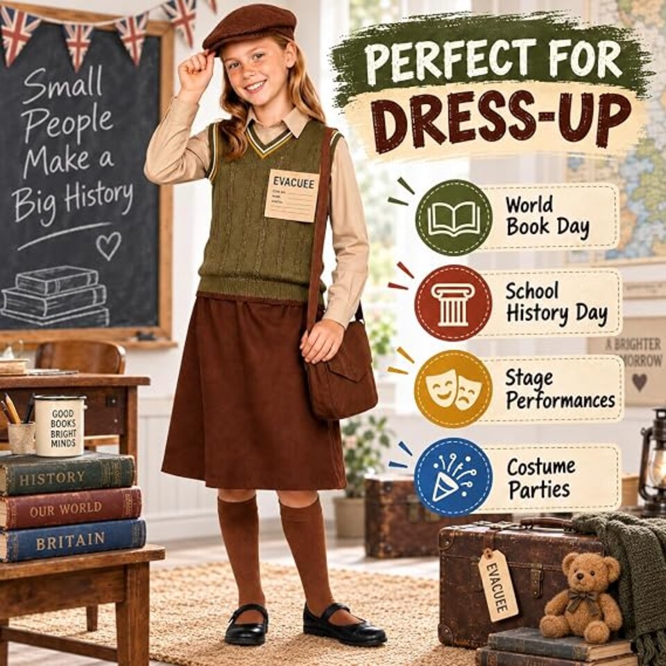 image 1 of Girls WW2 Evacuee Costume World Book Day 1940s Wartime Fancy Dress Kids Child Outfit (Medium 7-9 Years)