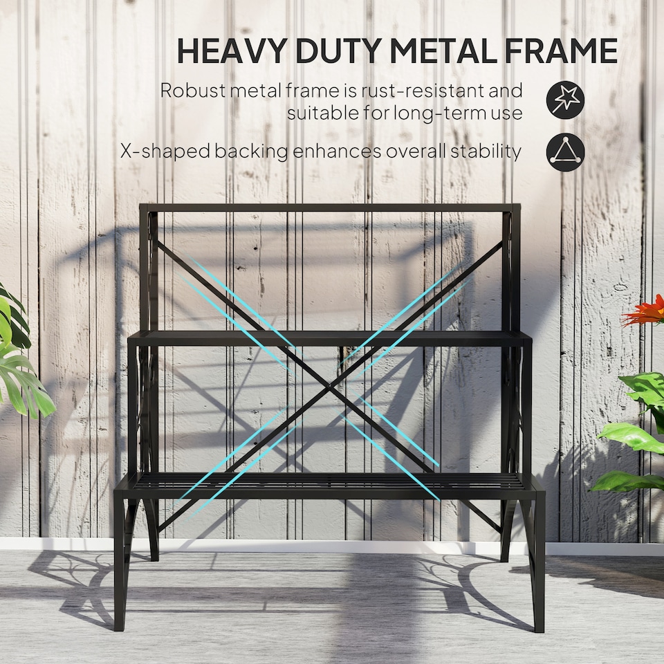 image 1 of Outsunny 3-Tier Metal Plant Stand for Garden Balcony Indoor Outdoor, Black | Black | Black