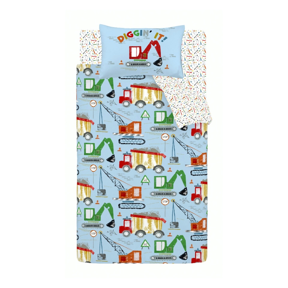 image 1 of Catherine Lansfield Kids Digger Dreams Reversible Junior Duvet Cover Set Blue