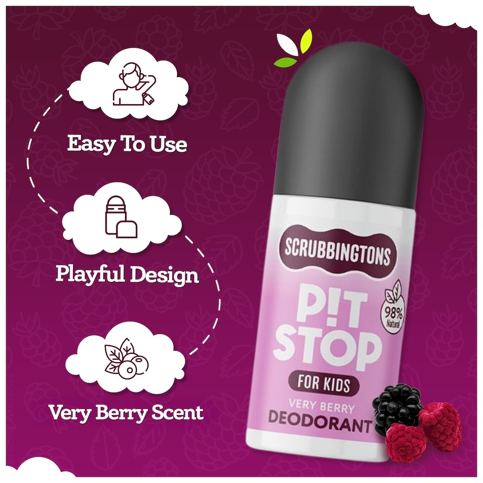 image 1 of Scrubbingtons Pit Stop Kids Deodorant Natural Roll On For Children, Teens Natural Ingredients For Sensitive Skin Paediatrician approved, Aluminium & Alcohol Free, Very Berry 75ml x 2 | White | White | 2