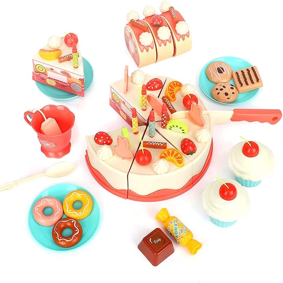 image 1 of Pretend Cutting & Decorating Birthday Cake Tea Party Play Set – 83-Piece Dessert & Afternoon Tea Role Play Set with Light-Up Candle