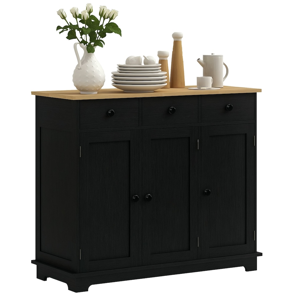 image 1 of HOMCOM Sideboard Buffet Cabinet with Rubber Wood Top and Drawers, Black Black | Rubberwood top