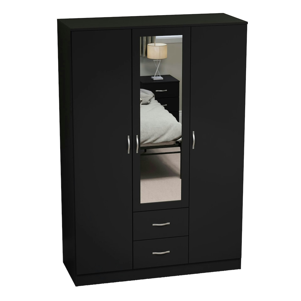 image 1 of Vida Designs Riano 3 Door 2 Drawer Mirrored Wardrobe With Shelf & Clothes Rail, Black