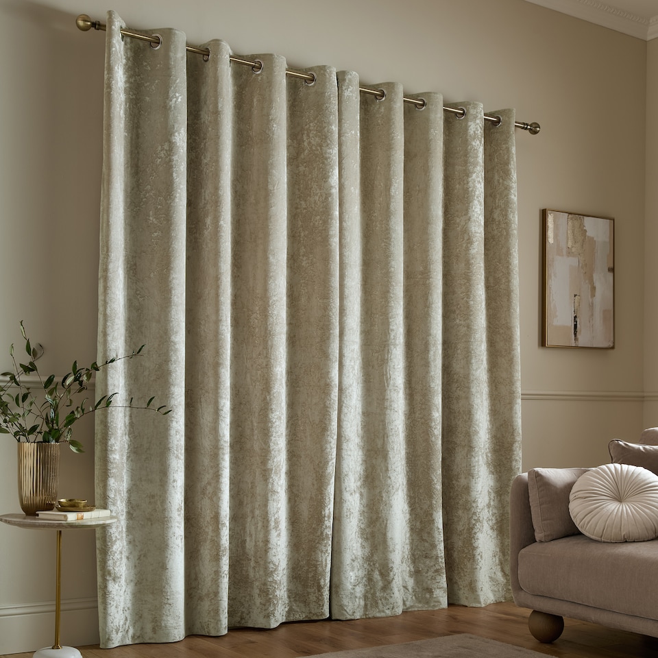 image 1 of Catherine Lansfield Crushed Velvet Lined Eyelet Curtains | Cream | Natural
