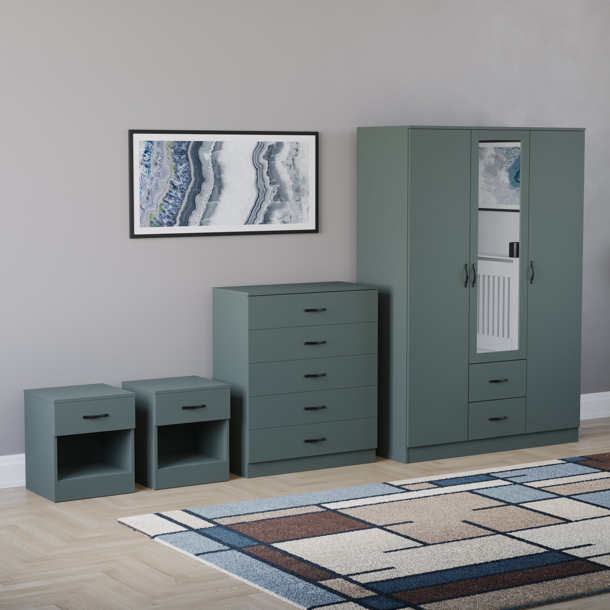 Vida Designs Riano 4 Piece Bedroom Set (2x 1 Drawer Bedside Chest, 5 Drawer Chest, 3 Door 2 Drawer Mirrored Wardrobe) - Green