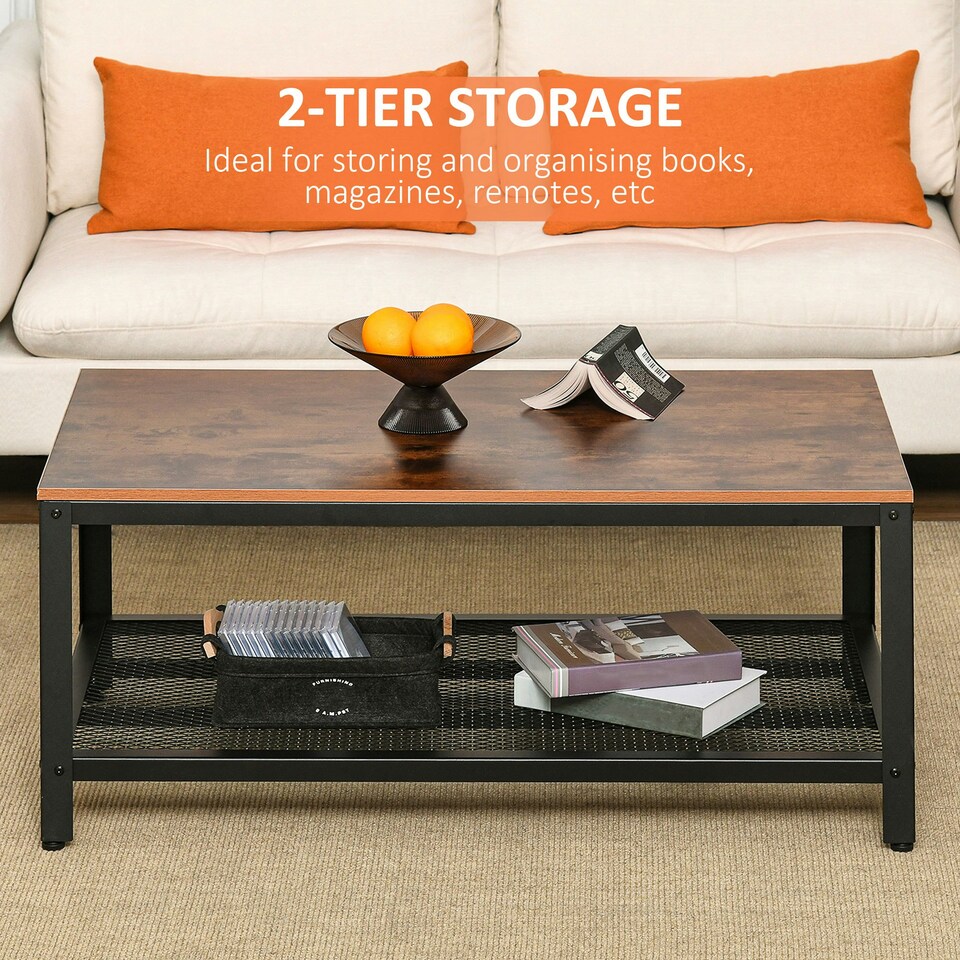 image 1 of HOMCOM 2-Tier Wooden Coffee Table Retro Industrial Style Side Desk Living Room Yellow